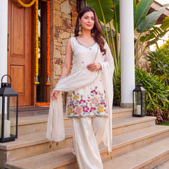 Women's Embroidered Farens Crepe Kurti Sharara Set with Chinon Silk Dupatta