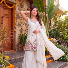 Women's Embroidered Farens Crepe Kurti Sharara Set with Chinon Silk Dupatta