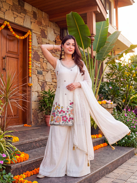 Women's Embroidered Farens Crepe Kurti Sharara Set with Chinon Silk Dupatta