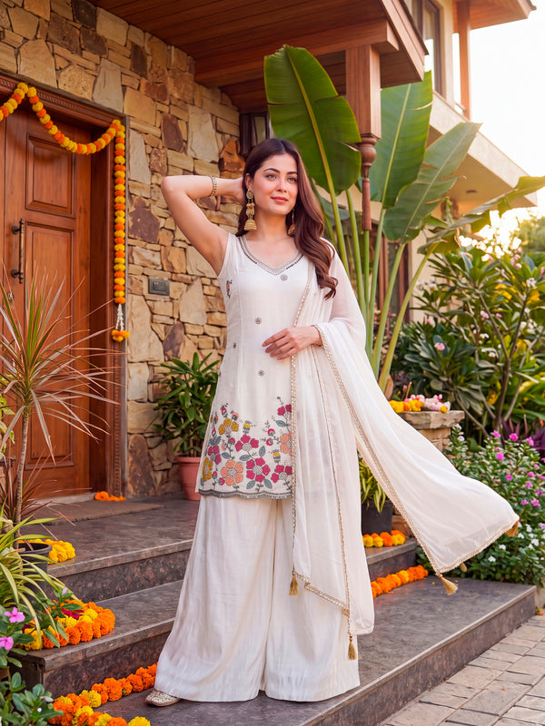 Women's Embroidered Farens Crepe Kurti Sharara Set with Chinon Silk Dupatta