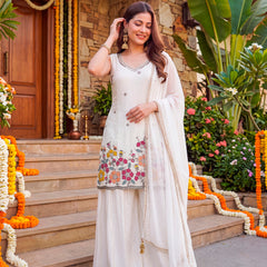 Women's Embroidered Farens Crepe Kurti Sharara Set with Chinon Silk Dupatta