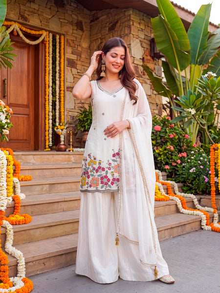 Women's Embroidered Farens Crepe Kurti Sharara Set with Chinon Silk Dupatta