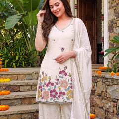Women's Embroidered Farens Crepe Kurti Sharara Set with Chinon Silk Dupatta