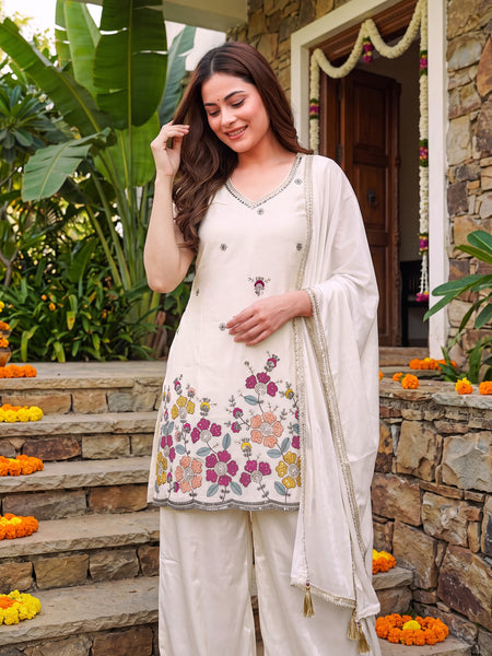 Women's Embroidered Farens Crepe Kurti Sharara Set with Chinon Silk Dupatta