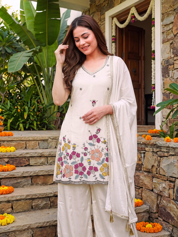 Women's Embroidered Farens Crepe Kurti Sharara Set with Chinon Silk Dupatta
