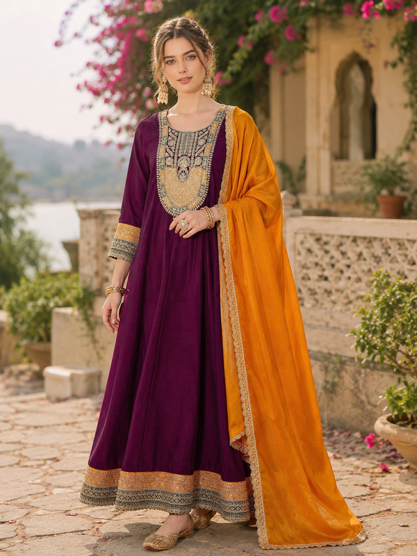 Women’s Vichitra Silk Embroidered Flared Kurta With Pant & Dupatta Set