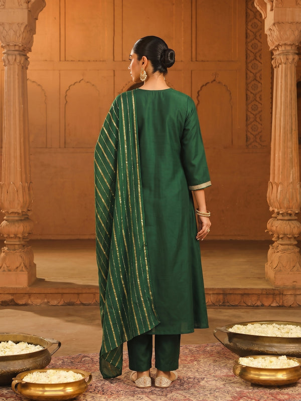 Women's viscose Silk Embroidered Flared Kurta with Pant and Dupatta