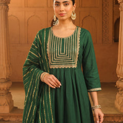 Women's viscose Silk Embroidered Flared Kurta with Pant and Dupatta
