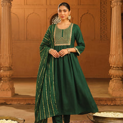 Women's viscose Silk Embroidered Flared Kurta with Pant and Dupatta