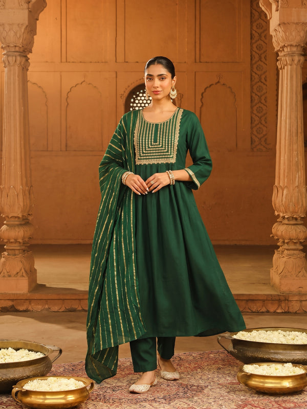 Women's viscose Silk Embroidered Flared Kurta with Pant and Dupatta