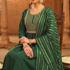 Women's viscose Silk Embroidered Flared Kurta with Pant and Dupatta