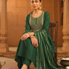 Women's viscose Silk Embroidered Flared Kurta with Pant and Dupatta