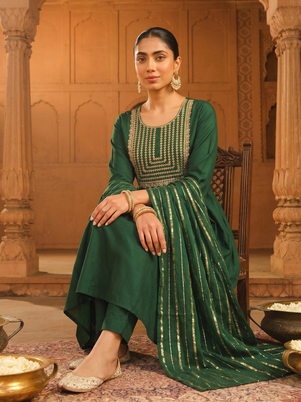 Women's viscose Silk Embroidered Flared Kurta with Pant and Dupatta