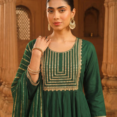 Women's viscose Silk Embroidered Flared Kurta with Pant and Dupatta