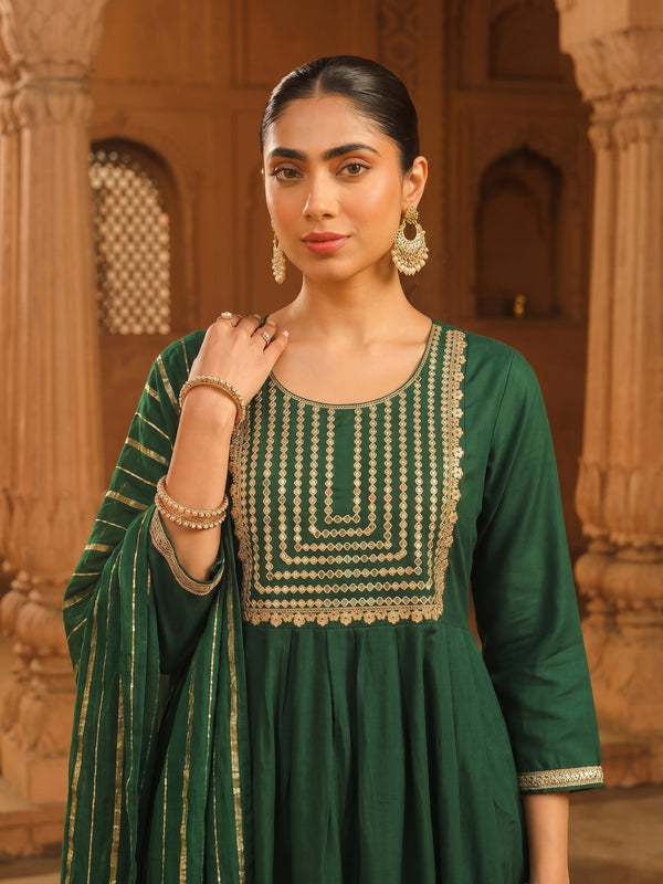 Women's viscose Silk Embroidered Flared Kurta with Pant and Dupatta