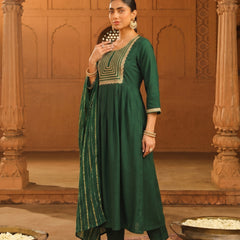 Women's viscose Silk Embroidered Flared Kurta with Pant and Dupatta