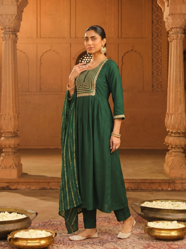 Women's viscose Silk Embroidered Flared Kurta with Pant and Dupatta