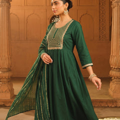 Women's viscose Silk Embroidered Flared Kurta with Pant and Dupatta
