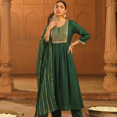 Women's viscose Silk Embroidered Flared Kurta with Pant and Dupatta