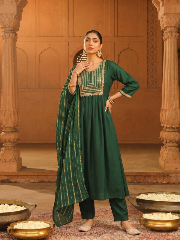 Women's viscose Silk Embroidered Flared Kurta with Pant and Dupatta