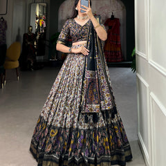Women's Tusser Silk Floral Print Lehenga Choli with Foil Work & Gotta Patti Dupatta