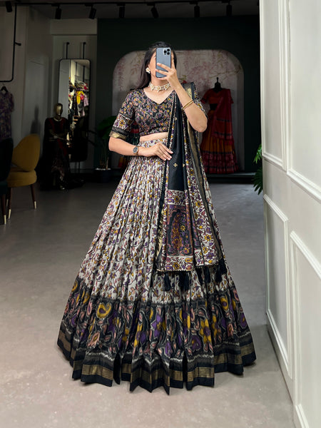 Women's Tusser Silk Floral Print Lehenga Choli with Foil Work & Gotta Patti Dupatta