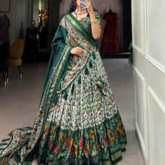 Women's Tusser Silk Floral Print Lehenga Choli with Foil Work & Gotta Patti Dupatta