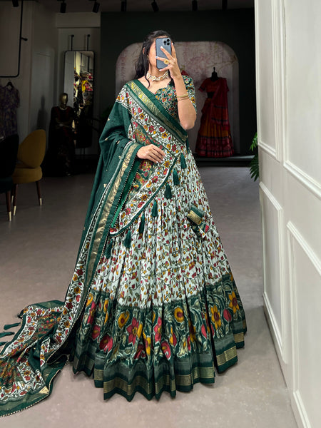 Women's Tusser Silk Floral Print Lehenga Choli with Foil Work & Gotta Patti Dupatta