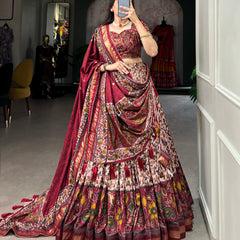 Women's Tusser Silk Floral Print Lehenga Choli with Foil Work & Gotta Patti Dupatta