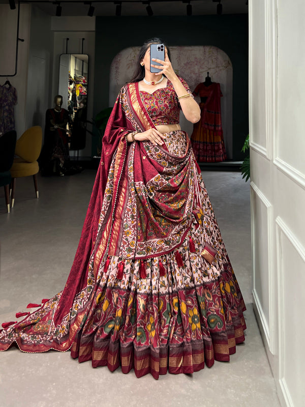 Women's Tusser Silk Floral Print Lehenga Choli with Foil Work & Gotta Patti Dupatta