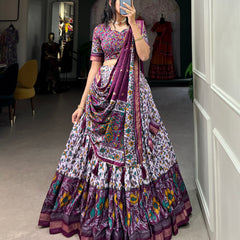 Women's Tusser Silk Floral Print Lehenga Choli with Foil Work & Gotta Patti Dupatta