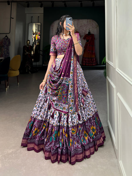 Women's Tusser Silk Floral Print Lehenga Choli with Foil Work & Gotta Patti Dupatta