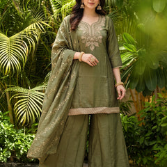 Women's Embroidered Gold Silk Straight Kurta With Sharara & Dupatta Set