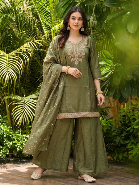 Women's Embroidered Gold Silk Straight Kurta With Sharara & Dupatta Set