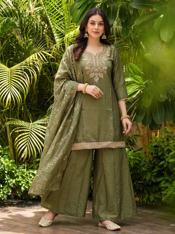 Women's Embroidered Gold Silk Straight Kurta With Sharara & Dupatta Set
