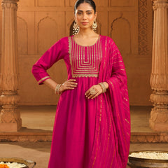 Women's viscose Silk Embroidered Flared Kurta with Pant and Dupatta