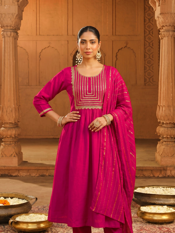 Women's viscose Silk Embroidered Flared Kurta with Pant and Dupatta