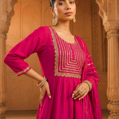 Women's viscose Silk Embroidered Flared Kurta with Pant and Dupatta