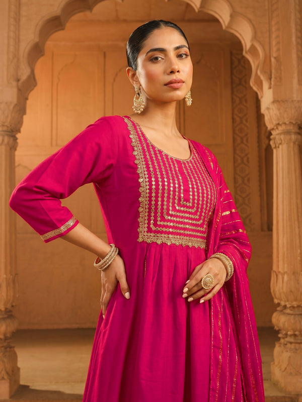 Women's viscose Silk Embroidered Flared Kurta with Pant and Dupatta
