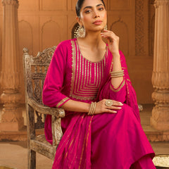 Women's viscose Silk Embroidered Flared Kurta with Pant and Dupatta