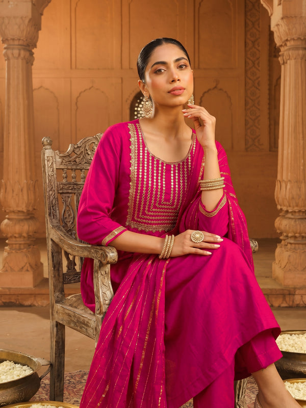 Women's viscose Silk Embroidered Flared Kurta with Pant and Dupatta