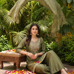 Women's Embroidered Gold Silk Straight Kurta With Sharara & Dupatta Set