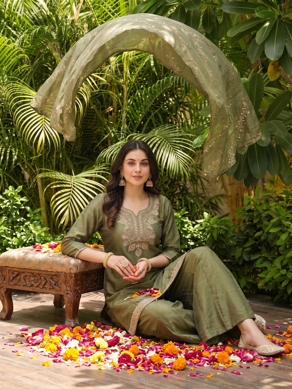 Women's Embroidered Gold Silk Straight Kurta With Sharara & Dupatta Set