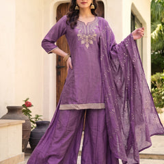 Women's Embroidered Gold Silk Straight Kurta With Sharara & Dupatta Set
