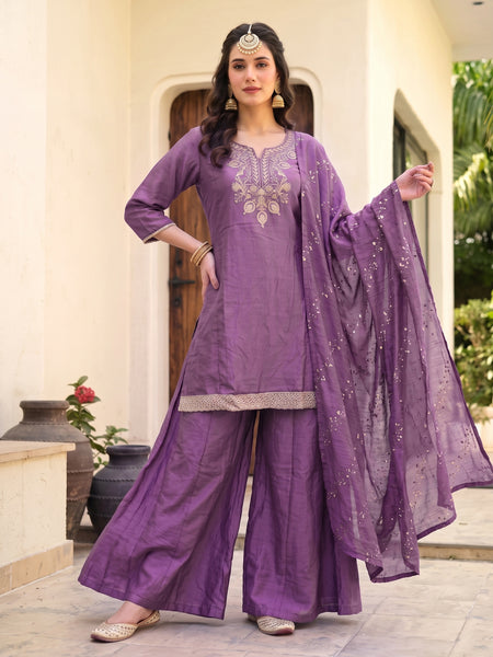Women's Embroidered Gold Silk Straight Kurta With Sharara & Dupatta Set