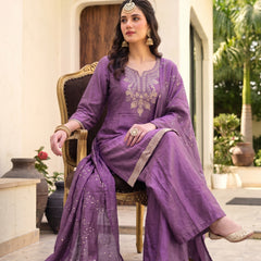 Women's Embroidered Gold Silk Straight Kurta With Sharara & Dupatta Set