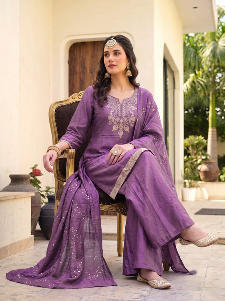 Women's Embroidered Gold Silk Straight Kurta With Sharara & Dupatta Set