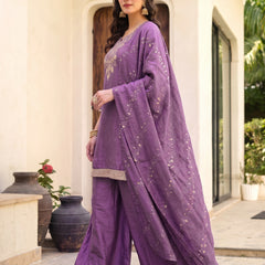 Women's Embroidered Gold Silk Straight Kurta With Sharara & Dupatta Set