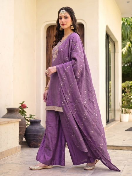 Women's Embroidered Gold Silk Straight Kurta With Sharara & Dupatta Set