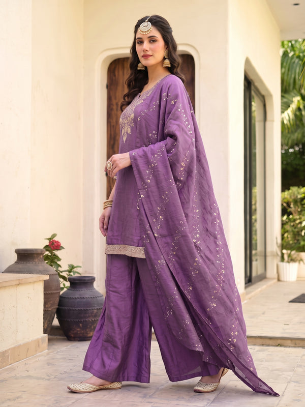 Women's Embroidered Gold Silk Straight Kurta With Sharara & Dupatta Set